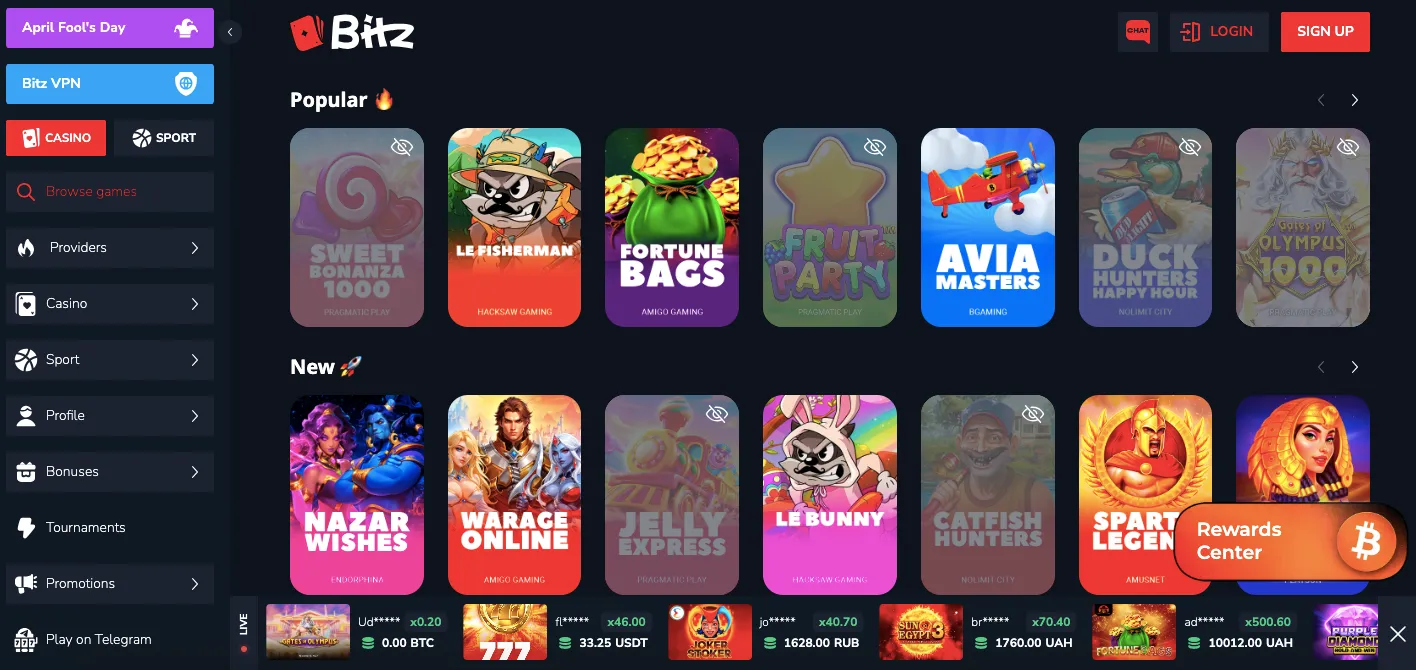 Раздел слотов Bitz Casino